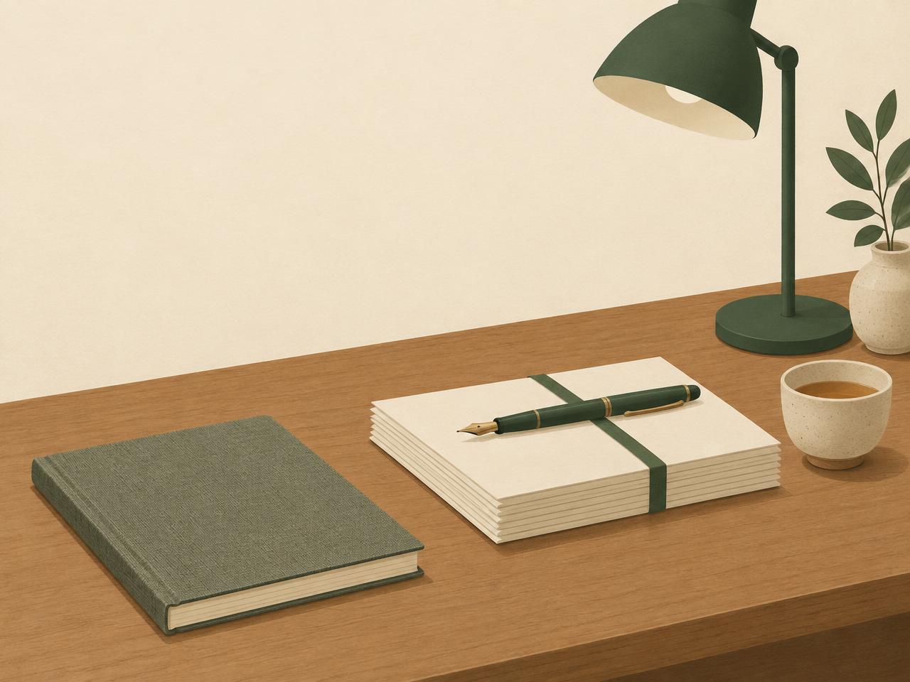 A tidy desk with a notebook, pen and neatly stacked paperwork